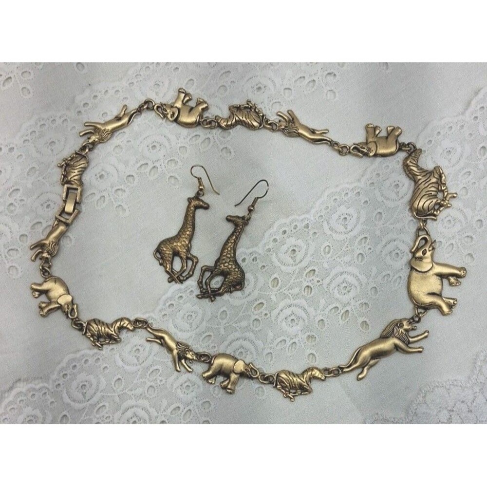 African Safari Necklace & Earring Gold Toned 3pc Set Elephant Zebra Lion Giraffe